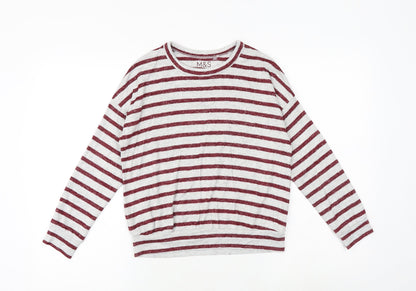 Marks and Spencer Girls Grey Striped Viscose Pullover T-Shirt Size 9-10 Years Boat Neck Pullover
