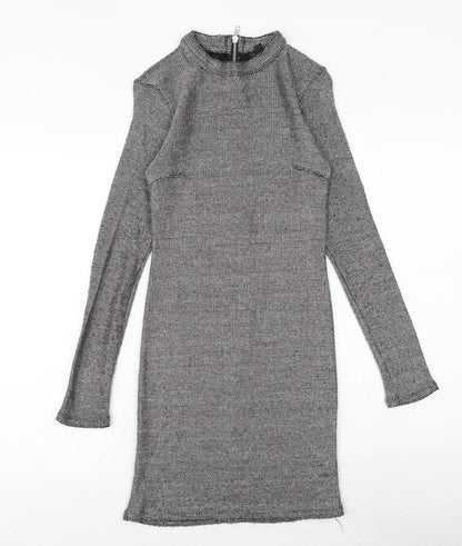 Topshop Womens Silver Geometric Polyester Shift Size 8 Round Neck Zip