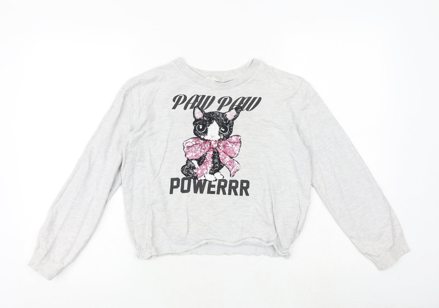 H&M Girls Grey 100% Cotton Pullover Sweatshirt Size 9-10 Years Pullover - Cat