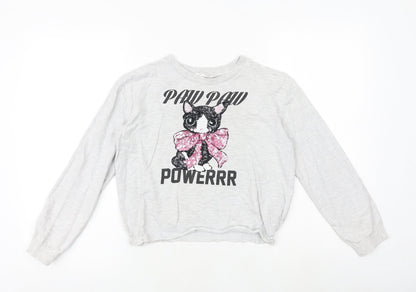 H&M Girls Grey 100% Cotton Pullover Sweatshirt Size 9-10 Years Pullover - Cat