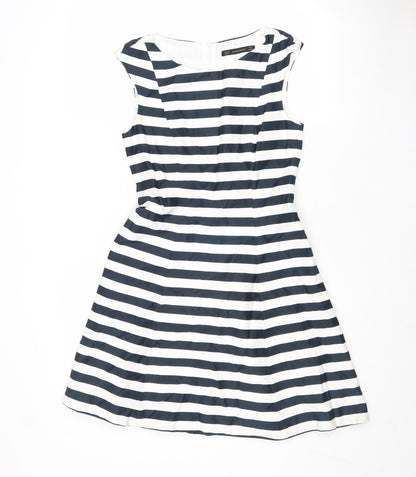 Zara Womens Blue Striped Cotton Fit & Flare Size XS Boat Neck Zip
