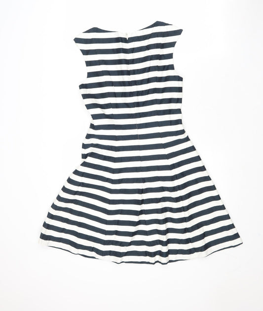 Zara Womens Blue Striped Cotton Fit & Flare Size XS Boat Neck Zip