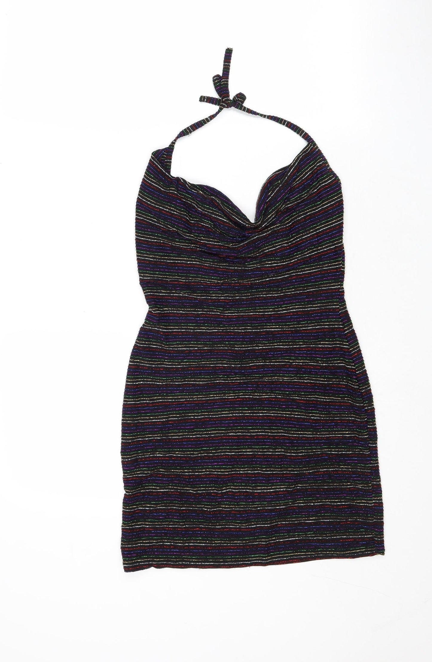 PRETTYLITTLETHING Womens Black Striped Polyacrylate Fibre Bodycon Size 10 Halter Tie