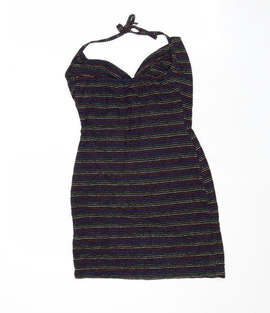 PRETTYLITTLETHING Womens Black Striped Polyacrylate Fibre Bodycon Size 10 Halter Tie