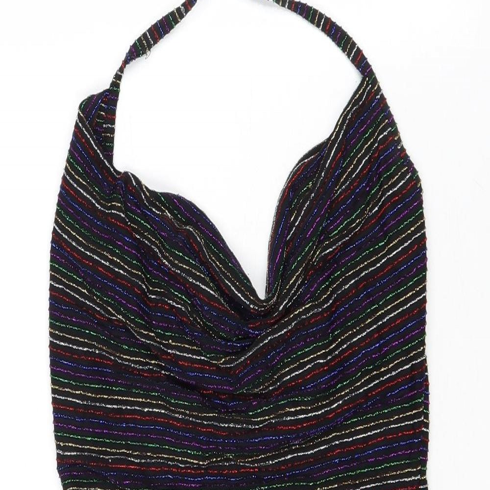 PRETTYLITTLETHING Womens Black Striped Polyacrylate Fibre Bodycon Size 10 Halter Tie