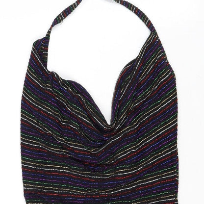 PRETTYLITTLETHING Womens Black Striped Polyacrylate Fibre Bodycon Size 10 Halter Tie