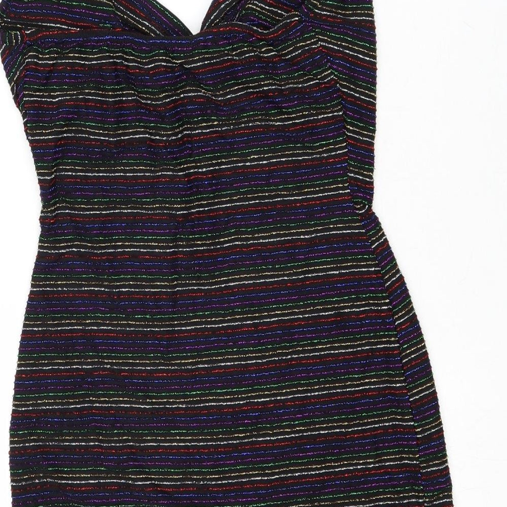 PRETTYLITTLETHING Womens Black Striped Polyacrylate Fibre Bodycon Size 10 Halter Tie