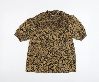 &et Womens Brown Animal Print Polyester Basic Blouse Size 8 Mock Neck - Leopard Pattern