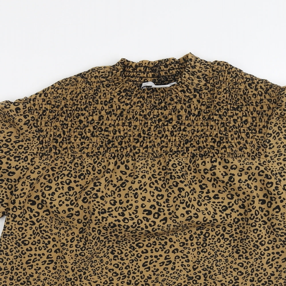 &et Womens Brown Animal Print Polyester Basic Blouse Size 8 Mock Neck - Leopard Pattern