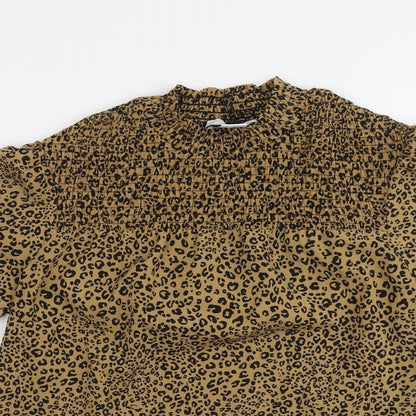 &et Womens Brown Animal Print Polyester Basic Blouse Size 8 Mock Neck - Leopard Pattern