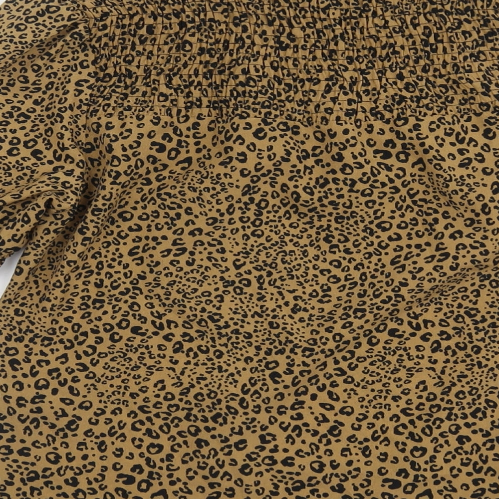 &et Womens Brown Animal Print Polyester Basic Blouse Size 8 Mock Neck - Leopard Pattern