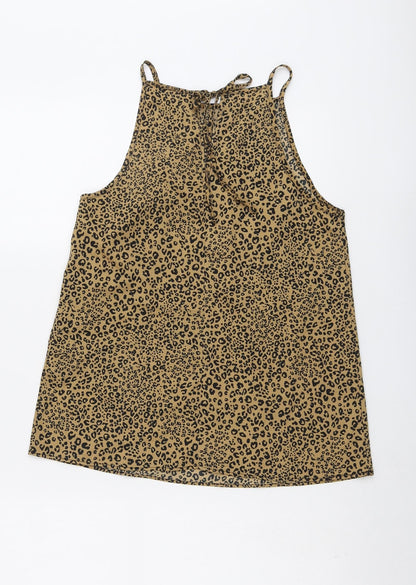 &et Womens Brown Animal Print Polyester Basic Tank Size 8 Round Neck - Leopard Pattern
