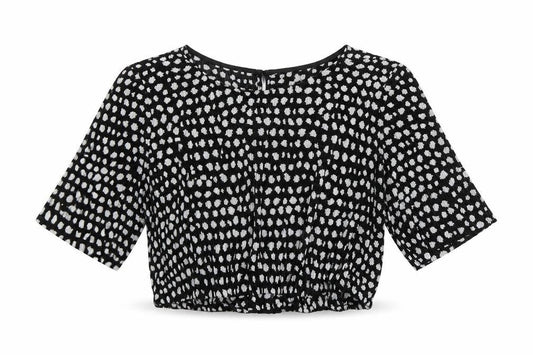 Front view of ASOS women’s black geometric polyester cropped t-shirt, size UK 12, round neck