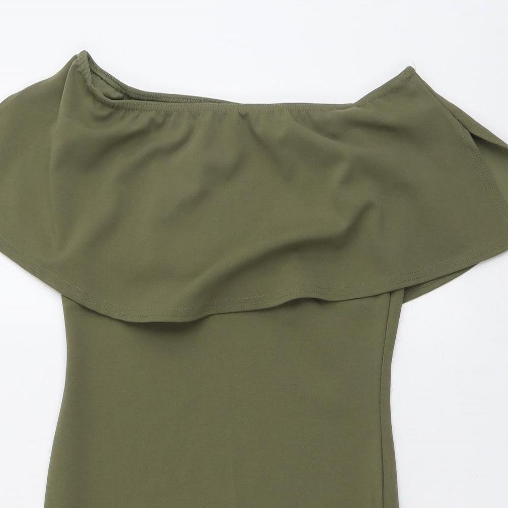 PRETTYLITTLETHING Womens Green Polyester Bodycon Size 10 Off the Shoulder Pullover