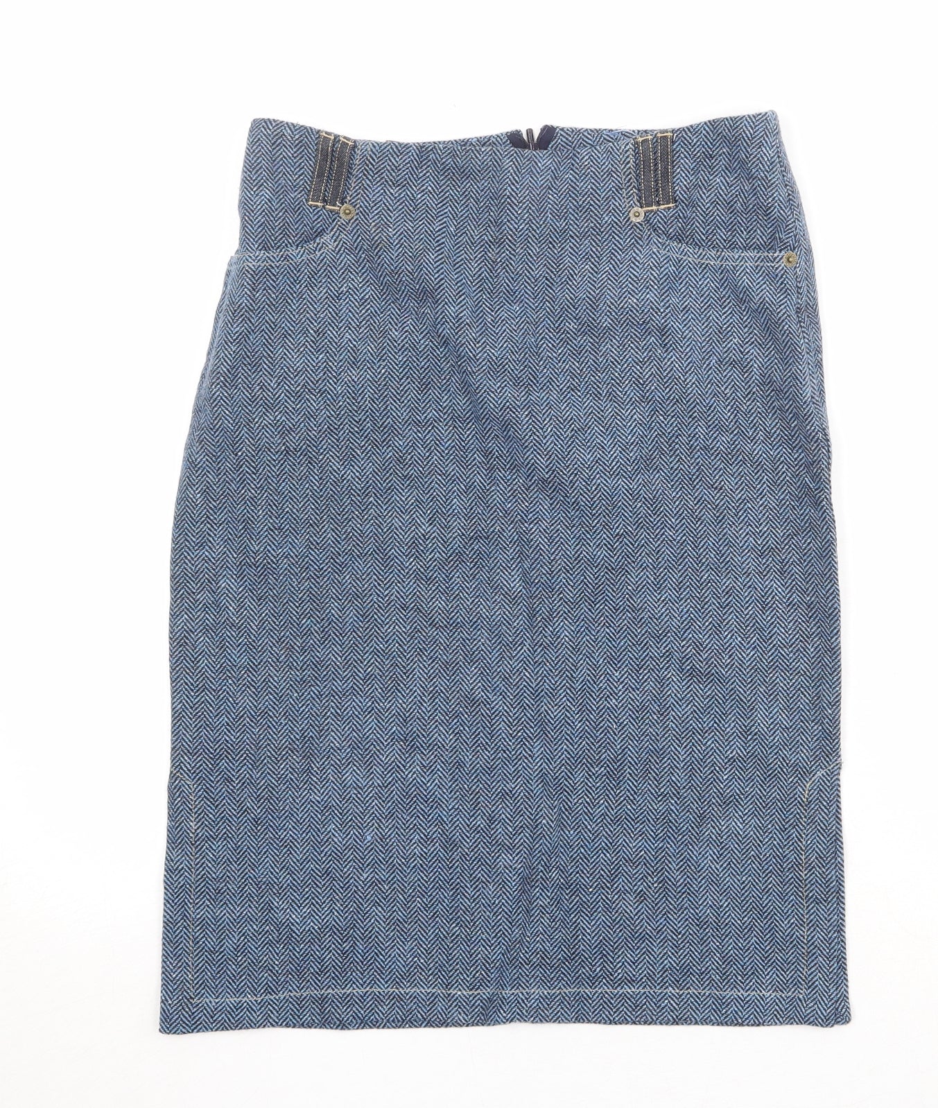 Mango Womens Blue Herringbone Polyester A-Line Skirt Size 10 Zip