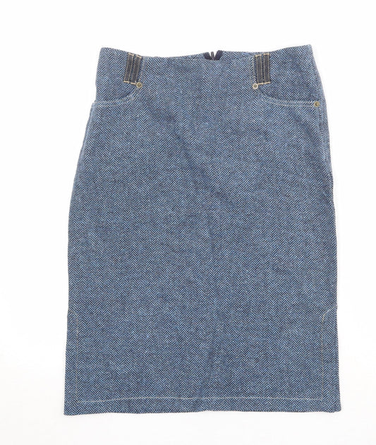 Mango Womens Blue Herringbone Polyester A-Line Skirt Size 10 Zip