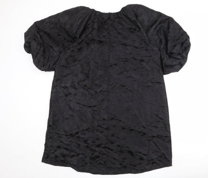 Marks and Spencer Womens Black Geometric Polyester Shift Size 14 Round Neck Button