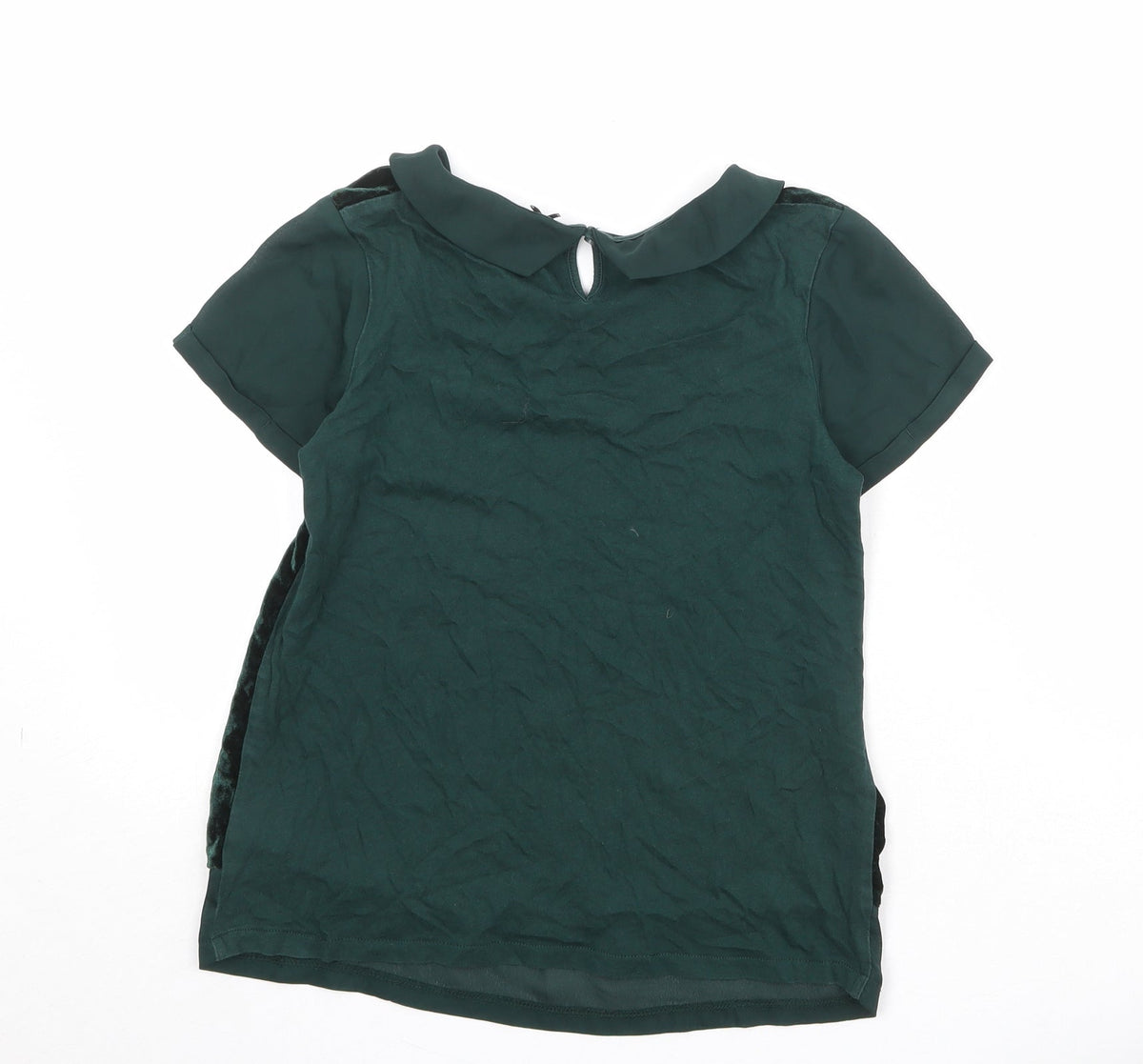 Back view of Next girls’ green viscose pullover blouse, size 12, years collared button
