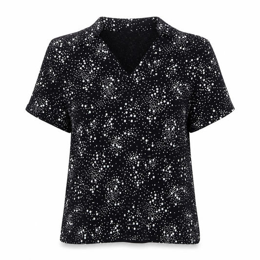 Front view of Roman women’s blue geometric acetate basic t-shirt, size S, collared -, size S/m