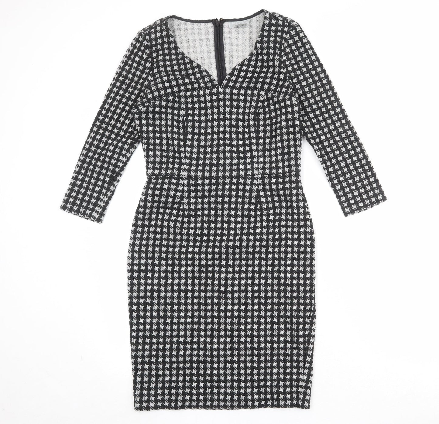 PURE Collection Womens Black Geometric Polyester Pencil Dress Size 8 V-Neck Pullover