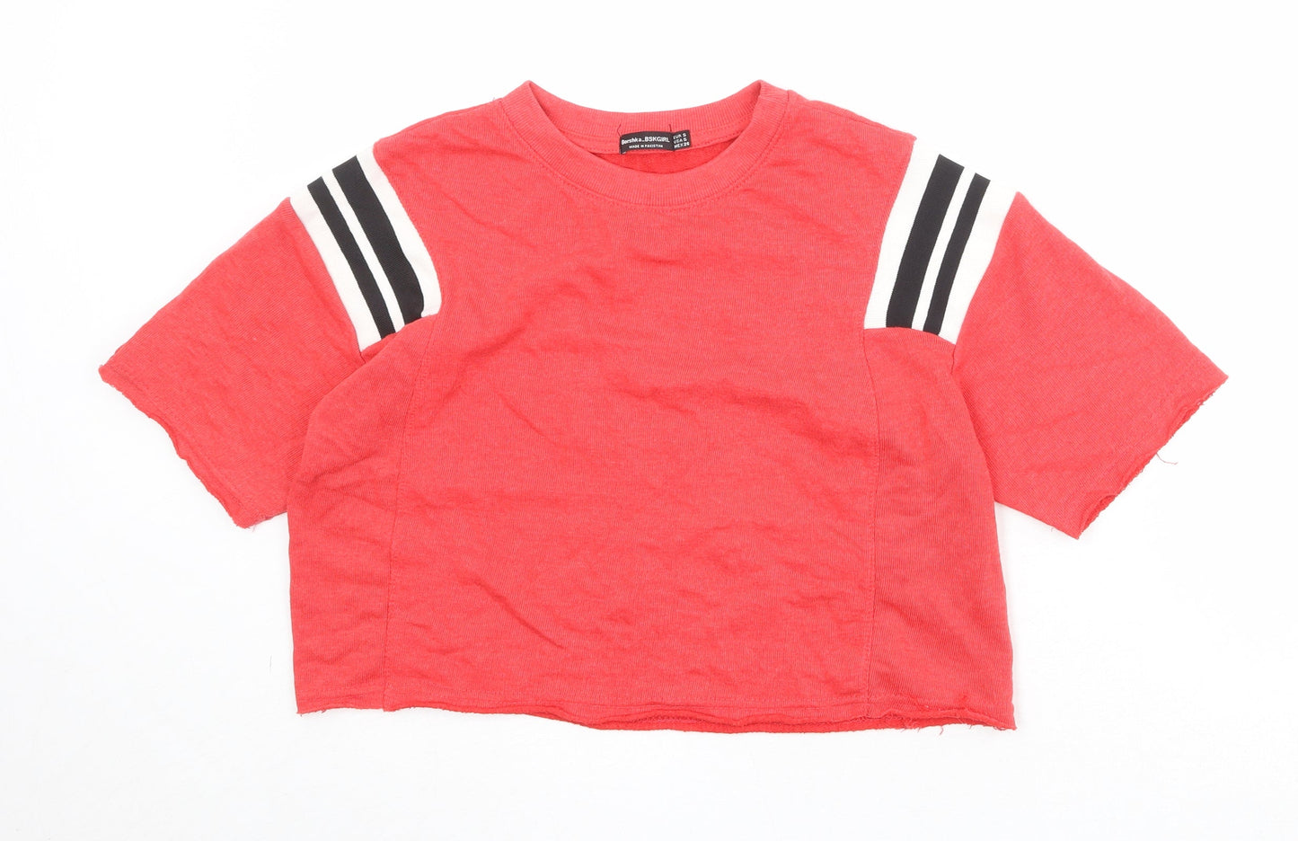 Bershka Girls Red Striped Cotton Cropped T-Shirt Size S Round Neck Pullover