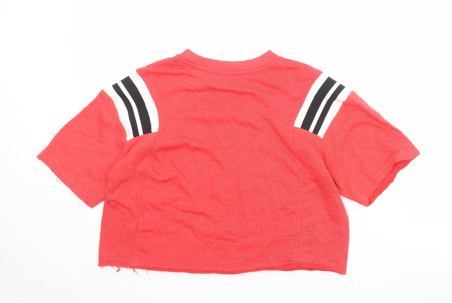 Bershka Girls Red Striped Cotton Cropped T-Shirt Size S Round Neck Pullover