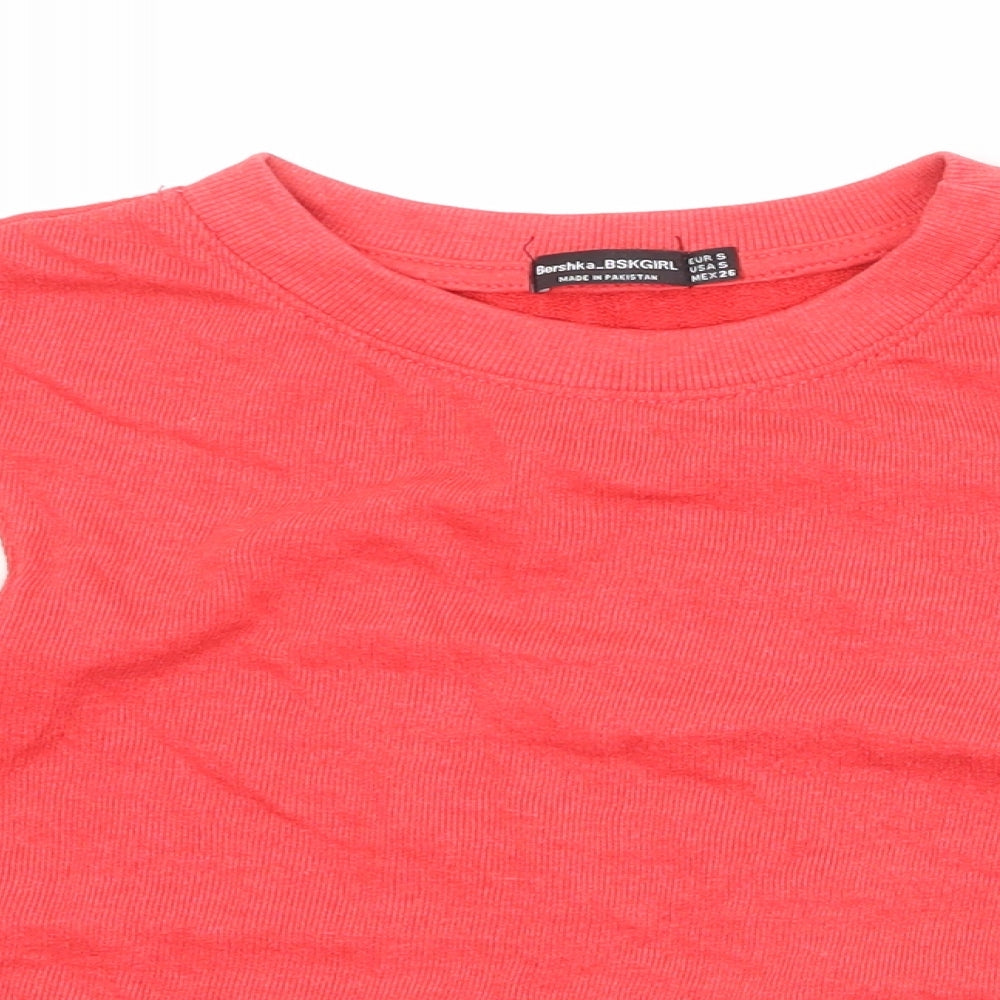 Bershka Girls Red Striped Cotton Cropped T-Shirt Size S Round Neck Pullover