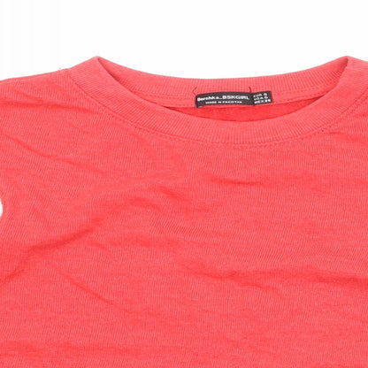 Bershka Girls Red Striped Cotton Cropped T-Shirt Size S Round Neck Pullover