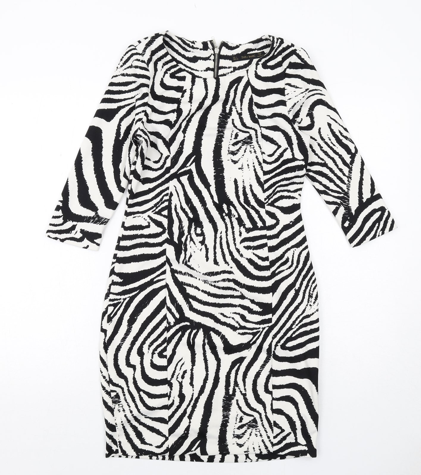 Zara Womens White Geometric Polyester Bodycon Size S Boat Neck Zip