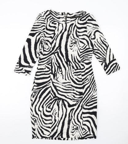 Zara Womens White Geometric Polyester Bodycon Size S Boat Neck Zip