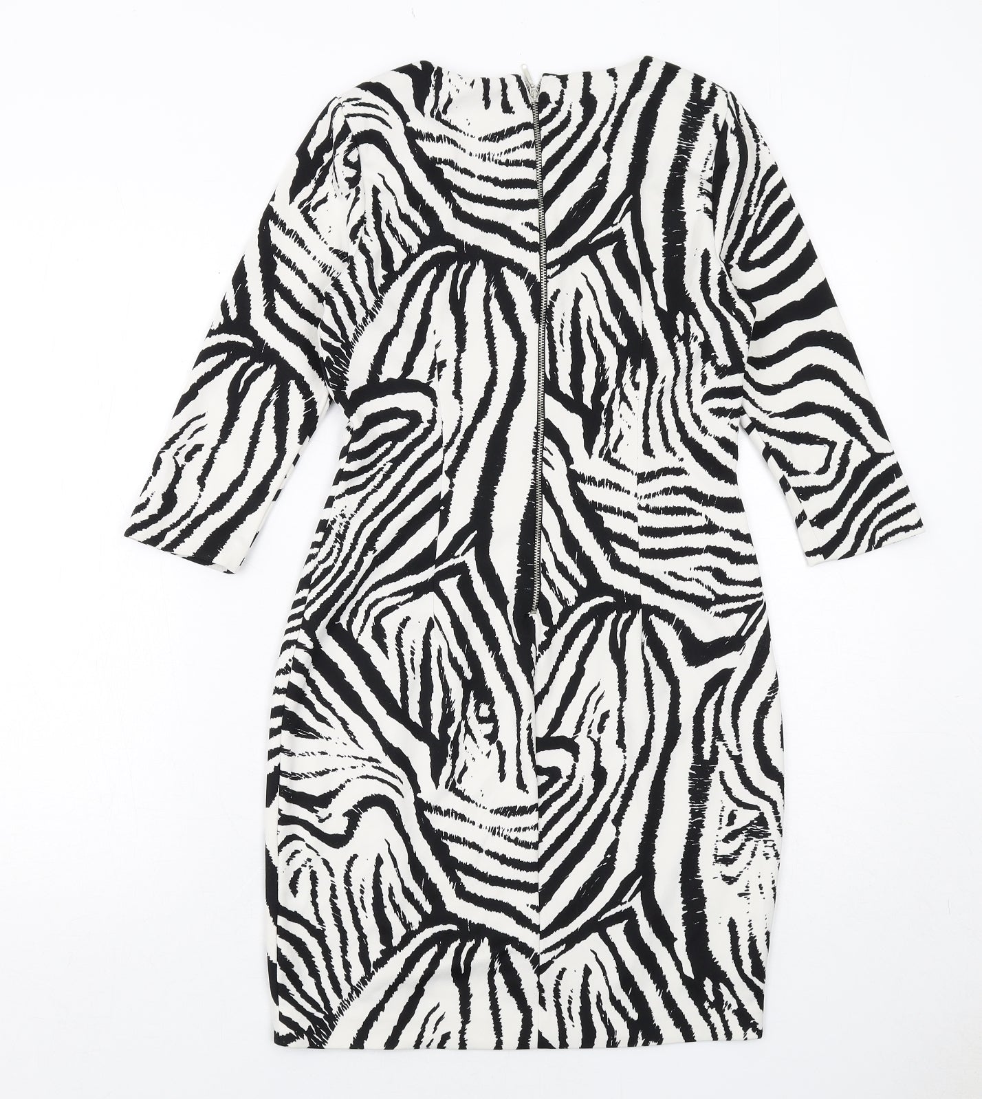 Zara Womens White Geometric Polyester Bodycon Size S Boat Neck Zip