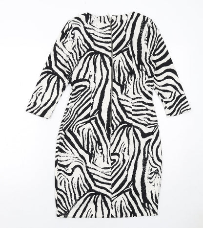 Zara Womens White Geometric Polyester Bodycon Size S Boat Neck Zip