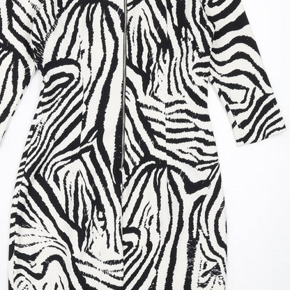Zara Womens White Geometric Polyester Bodycon Size S Boat Neck Zip