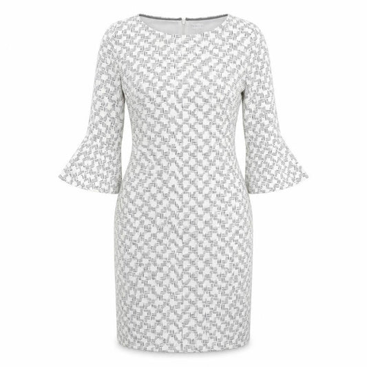 Front view of Linea women’s white geometric polyester pencil dress, size UK 12, boat neck zip - flute sleeve