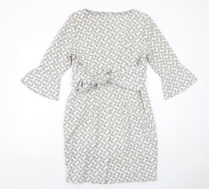 Linea Womens White Geometric Polyester Pencil Dress Size 12 Boat Neck Zip - Flute Sleeve