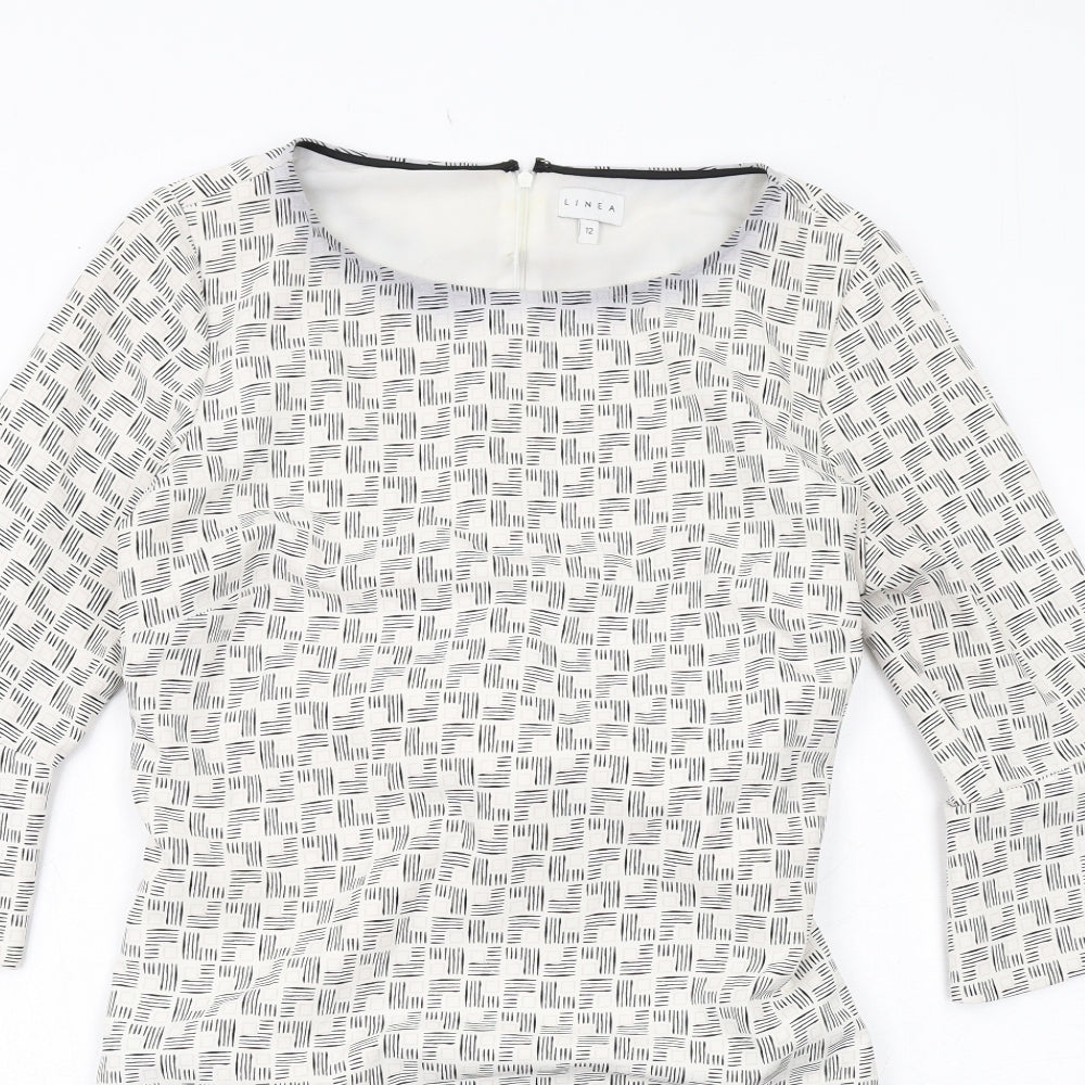 Linea Womens White Geometric Polyester Pencil Dress Size 12 Boat Neck Zip - Flute Sleeve