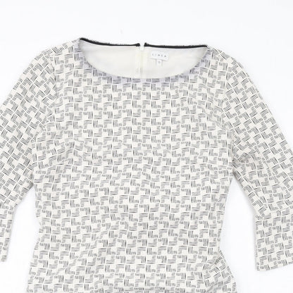 Linea Womens White Geometric Polyester Pencil Dress Size 12 Boat Neck Zip - Flute Sleeve