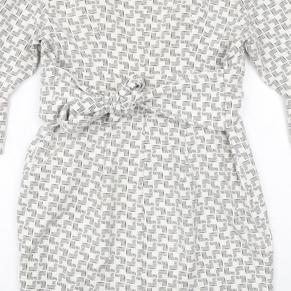 Linea Womens White Geometric Polyester Pencil Dress Size 12 Boat Neck Zip - Flute Sleeve