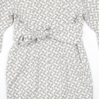 Linea Womens White Geometric Polyester Pencil Dress Size 12 Boat Neck Zip - Flute Sleeve