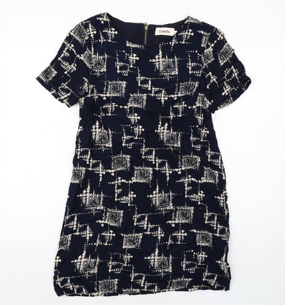 Louche Womens Blue Geometric Viscose Shift Size 10 Boat Neck Zip