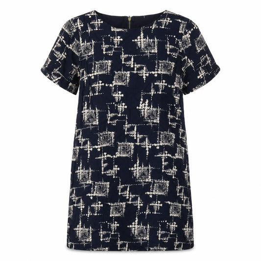 Louche Womens Blue Geometric Viscose Shift Size 10 Boat Neck Zip