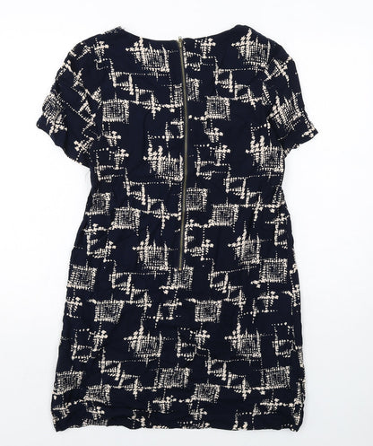 Louche Womens Blue Geometric Viscose Shift Size 10 Boat Neck Zip