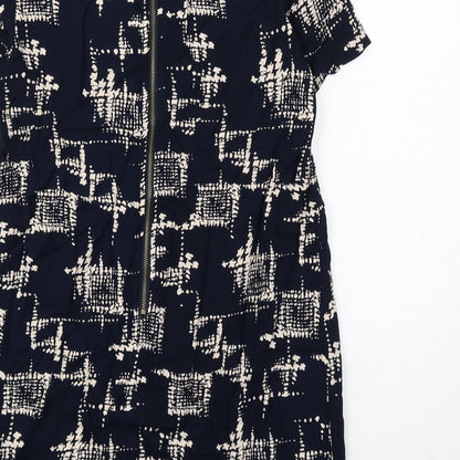 Louche Womens Blue Geometric Viscose Shift Size 10 Boat Neck Zip