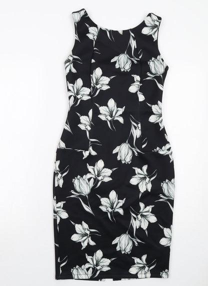 Marks and Spencer Womens Black Floral Polyester Shift Size 8 Round Neck Zip