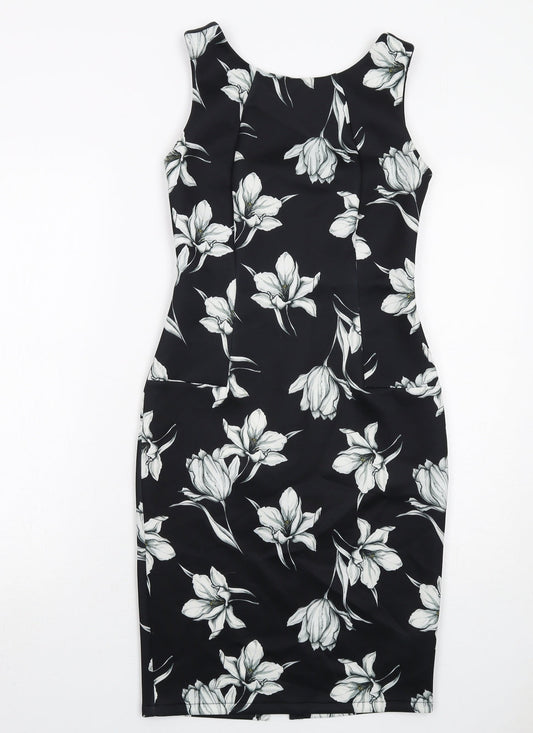 Marks and Spencer Womens Black Floral Polyester Shift Size 8 Round Neck Zip