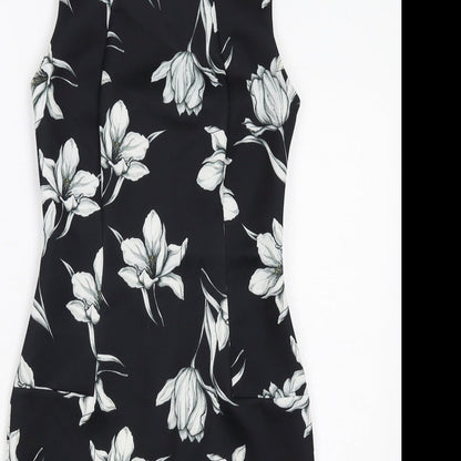 Marks and Spencer Womens Black Floral Polyester Shift Size 8 Round Neck Zip