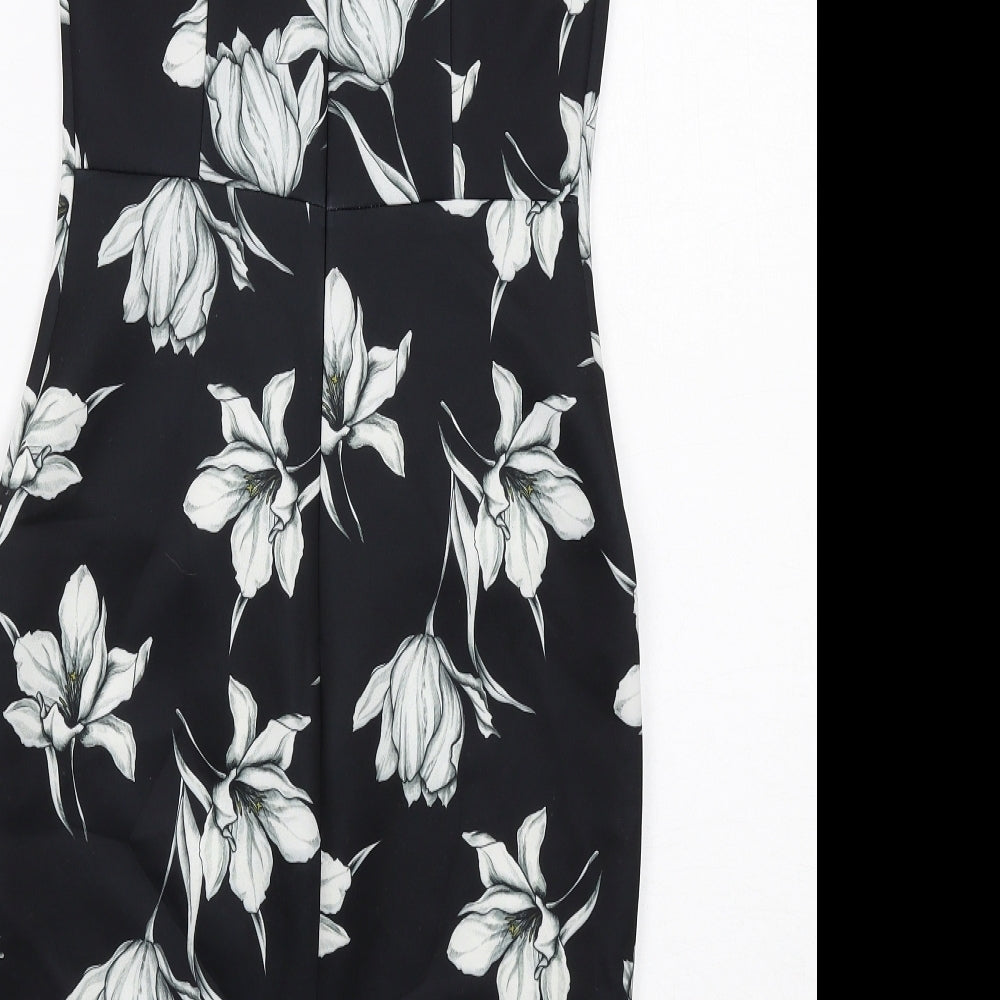 Marks and Spencer Womens Black Floral Polyester Shift Size 8 Round Neck Zip