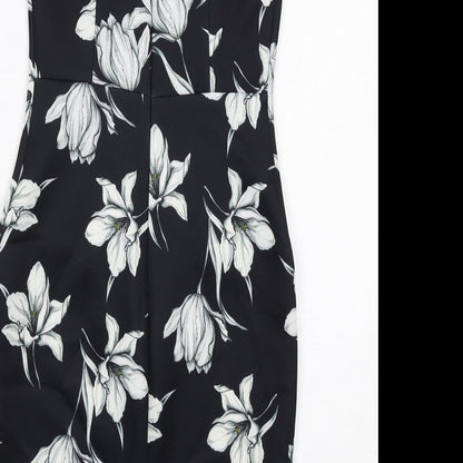 Marks and Spencer Womens Black Floral Polyester Shift Size 8 Round Neck Zip