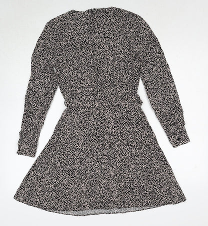 Warehouse Womens Black Geometric Viscose Fit & Flare Size 8 Round Neck Zip