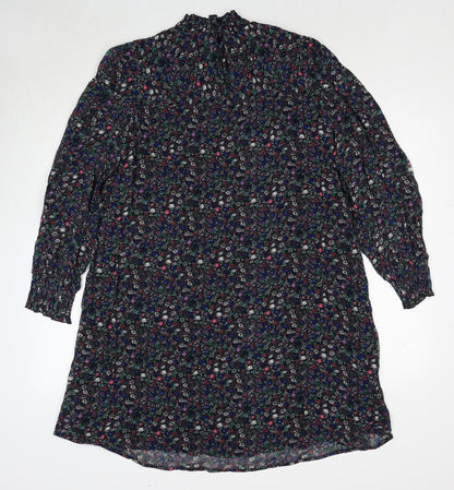 Marks and Spencer Womens Black Floral Viscose A-Line Size 8 Mock Neck Button